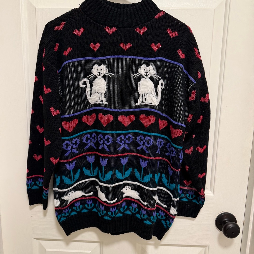 Vintage ADELE Cat Kitten Bow Mouse Heart Sweater 80s Cottagecore Sz LARGE